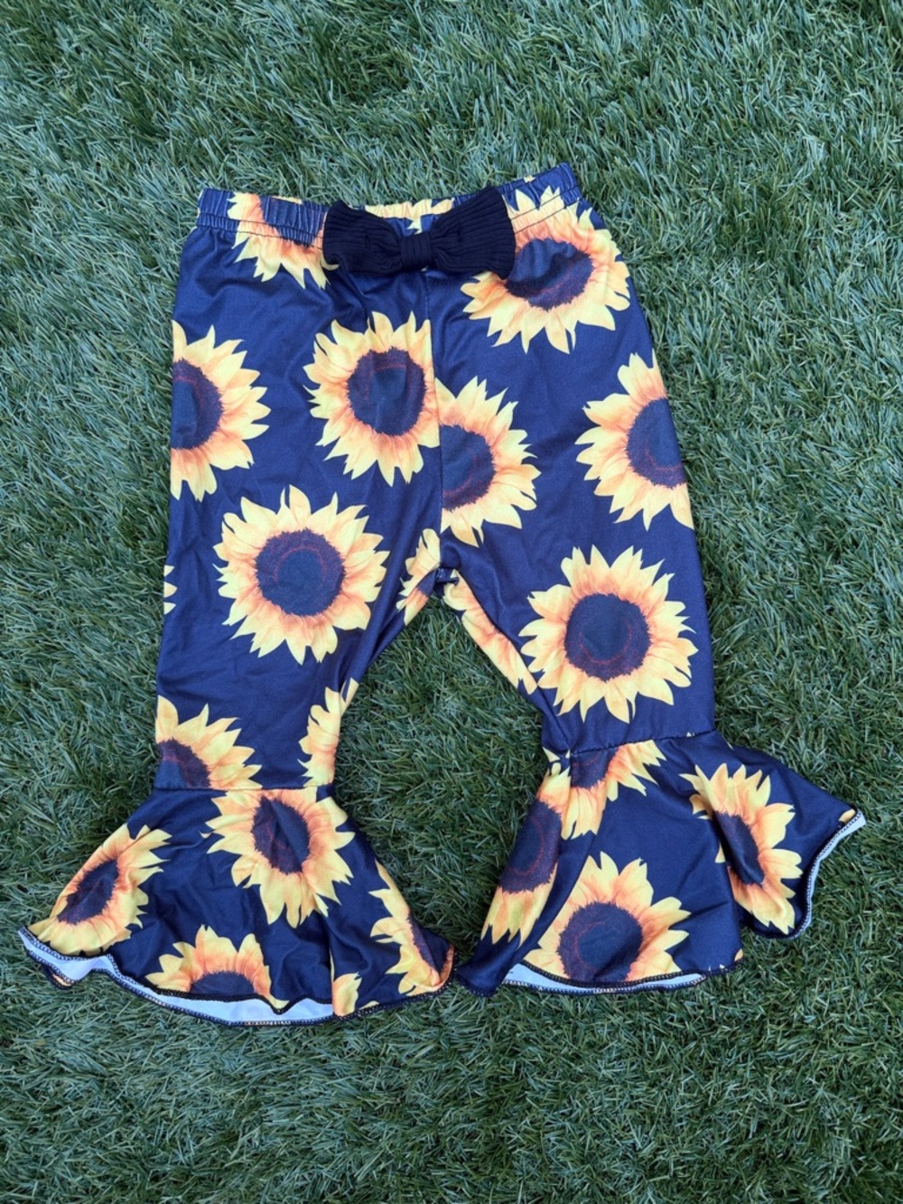Sunflower Ruffle Flare Leggings - Black/Dark Navy and Yellow